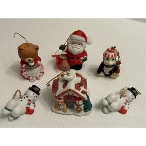 Vintage set of 6 Christmas Ornaments Santa Claus Snowman Bear Penguin Ceramic ￼